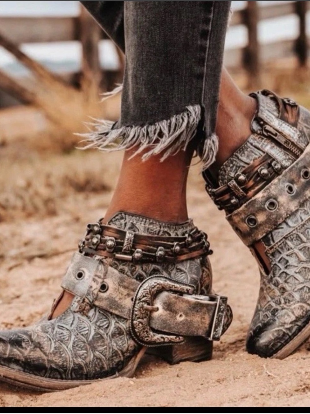 Freebird Saloon Graphite Distressed Metallic Western Ankle Boots - Silver